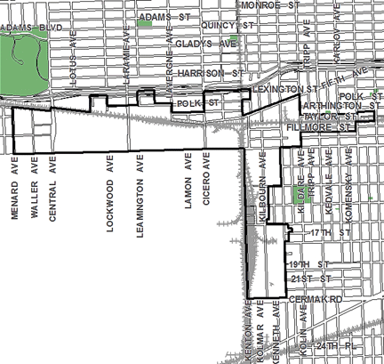 Roosevelt/Cicero TIF district map, roughly bounded on the north by the Eisenhower Expressway, Cermak Road on the south, Springfield Avenue on the east, and Menard Avenue on the west.